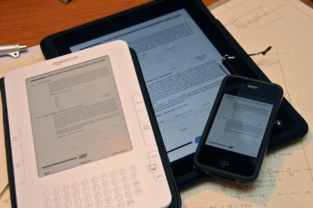 PDF document open on a Kindle, an iPad and an iPhone