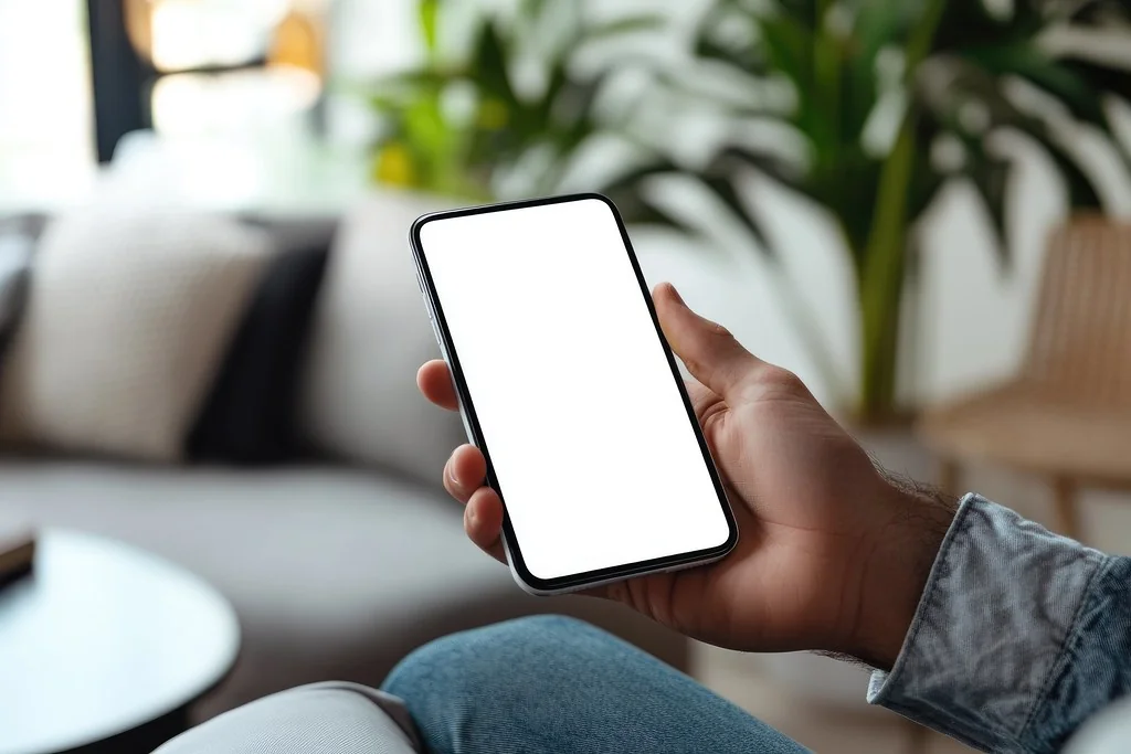 Hand holding a smartphone with a blank screen in a living room